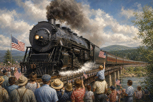 Steam locomotive pulling a passenger train past a crowd of people waving American flags
