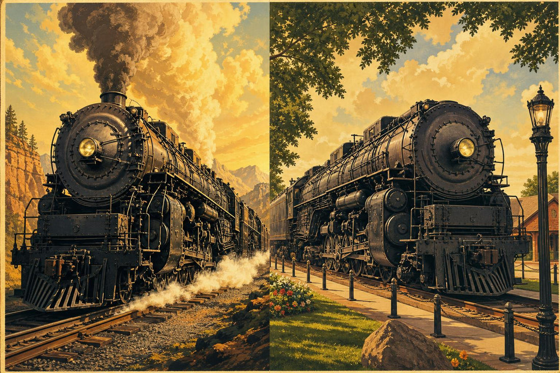 Two steam locomotives shown side by side in a split illustration, one on a mountain line and one in a town