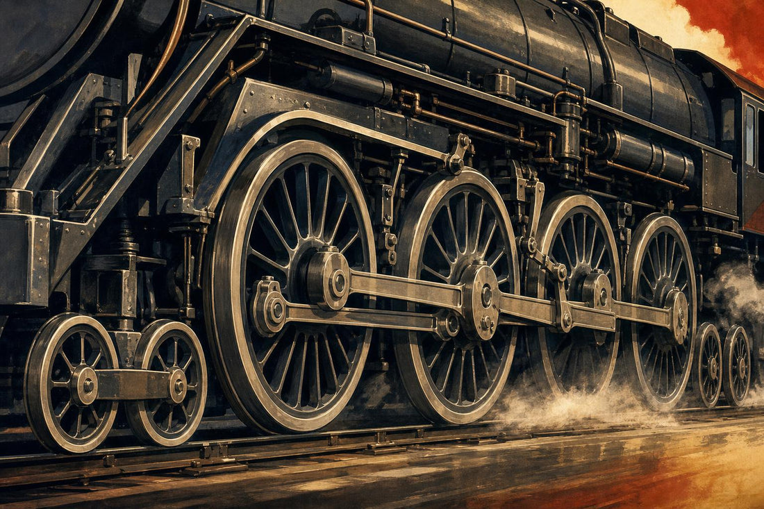 Close-up of the large driving wheels and side rods of a black steam locomotive