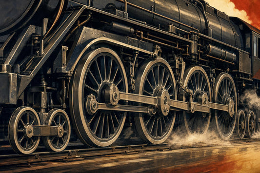 Close-up of the large driving wheels and side rods of a black steam locomotive
