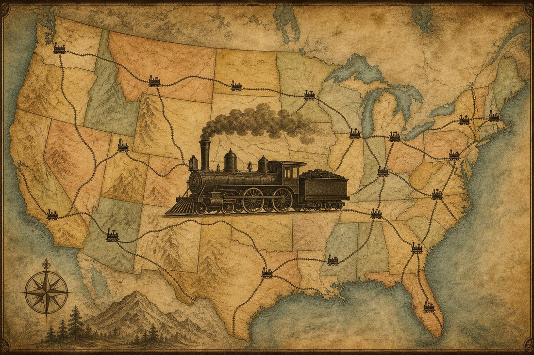 Vintage-style map of the United States with a steam locomotive and markers for locations across the country