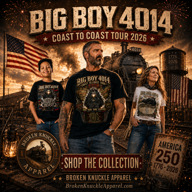Man wearing a t-shirt with a Black t-shirt featuring a highly detailed, industrial graphic of the Big Boy 4014 steam locomotive .