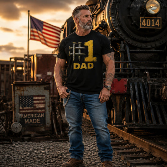 Man wearing a Black t-shirt featuring a hashtag symbol made of four crossed metal railroad spikes next to a large, distressed yellow number 1, with the word DAD in matching distressed yellow text directly below.