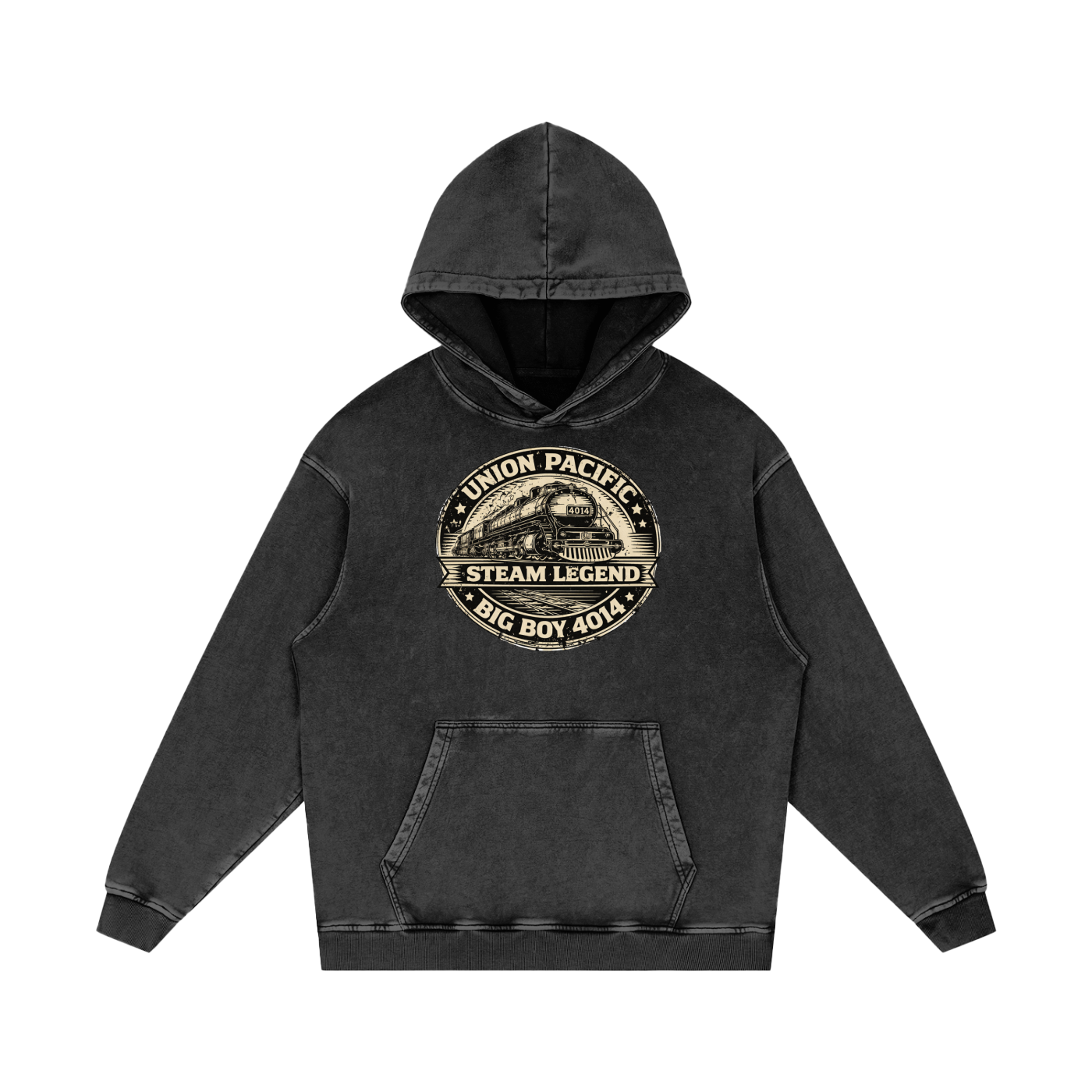 A washed black pullover hoodie with a vintage-style circular graphic on the chest reading 'Union Pacific', 'Steam Legend', and 'Big Boy 404'.