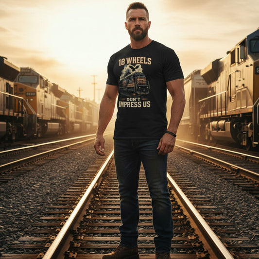 Man standing on train tracks wearing a t-shirt with a train graphic and text.