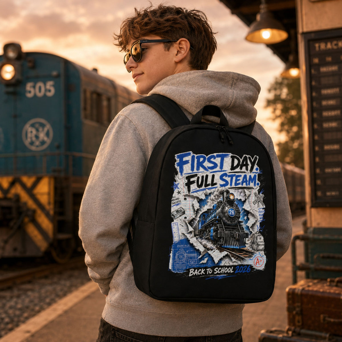 A person standing at a train station platform wearing a black backpack with a blue and white 'First Day Full Steam Back to School 2026' graphic print, with a blue train and station platform in the background.