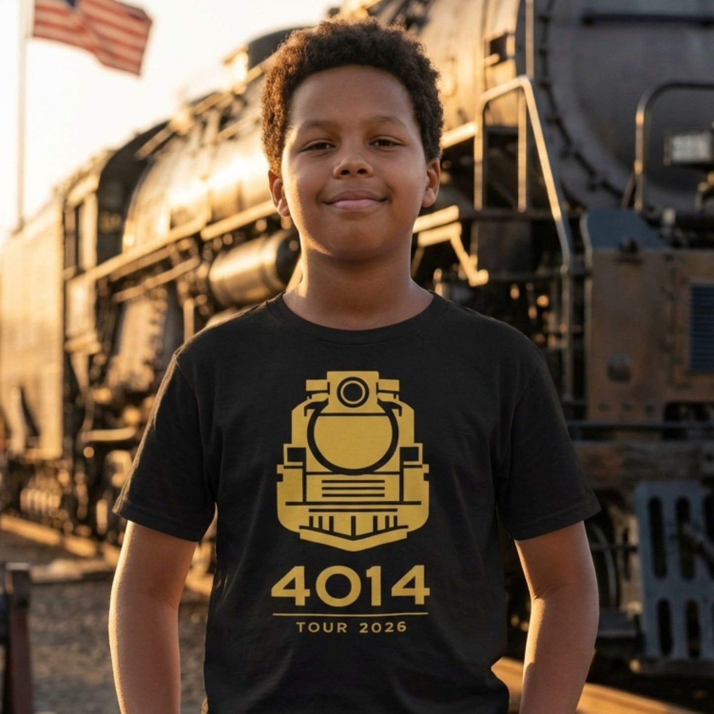 Child wearing a black t-shirt with a yellow train design and number 4014, standing in front of a steam locomotive.