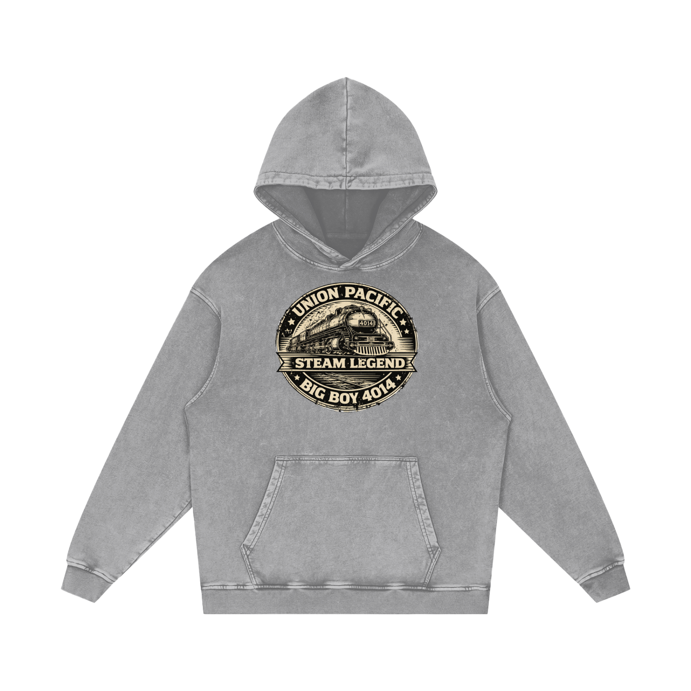 A gray acid-wash pullover hoodie with a vintage-style circular graphic on the chest reading 'Union Pacific Big Boy 404 Steam Legend'.