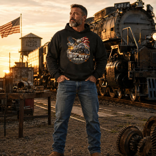 A man wearing a black pullover hoodie with a graphic print of an eagle and the text 'BIG BOY 2016' stands in front of a vintage steam locomotive at sunset. He is also wearing blue jeans.