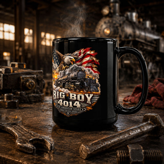 A black ceramic mug with a detailed graphic of a steam locomotive, an American flag, and an eagle, with the text 'BIG BOY 4014' and 'USA AMERICAN GIANT', set on a rustic workbench with tools and a blurred steam engine background.