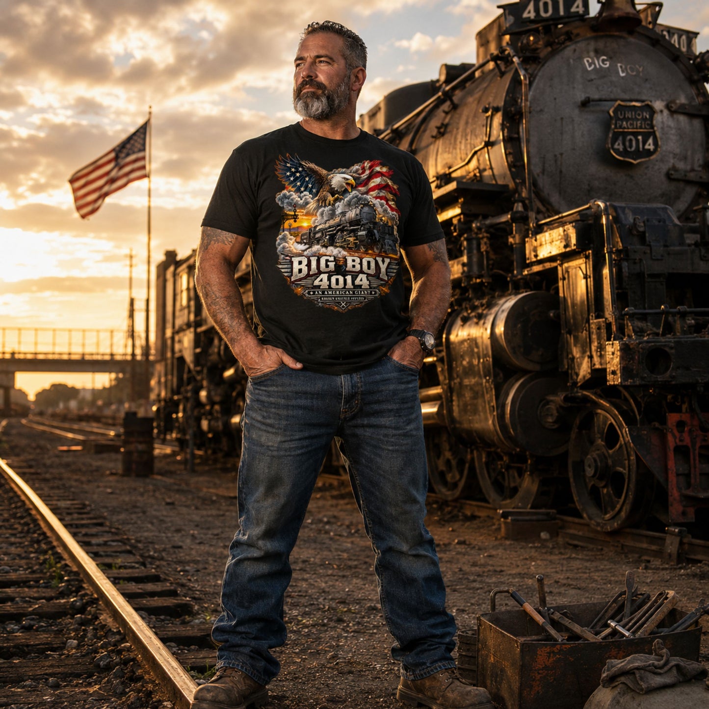 A bearded man wearing a black graphic t-shirt and blue jeans stands on railroad tracks in front of a vintage steam locomotive at sunset. The t-shirt features a graphic of a cowboy riding a horse with an American flag and the text 'BIG BOY 4014'.