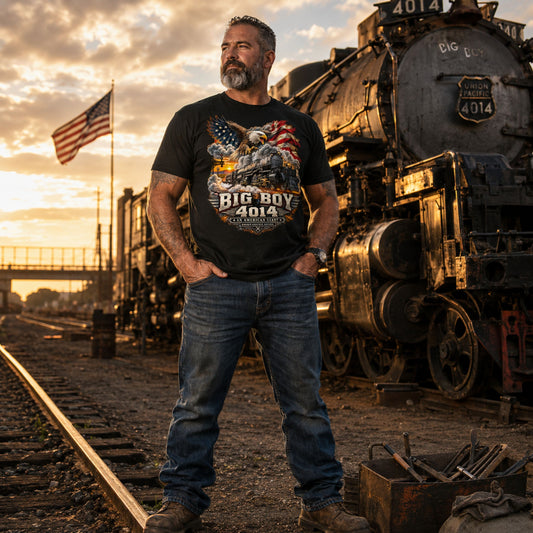 A bearded man wearing a black graphic t-shirt and blue jeans stands on railroad tracks in front of a vintage steam locomotive at sunset. The t-shirt features a graphic of a cowboy riding a horse with an American flag and the text 'BIG BOY 4014'.