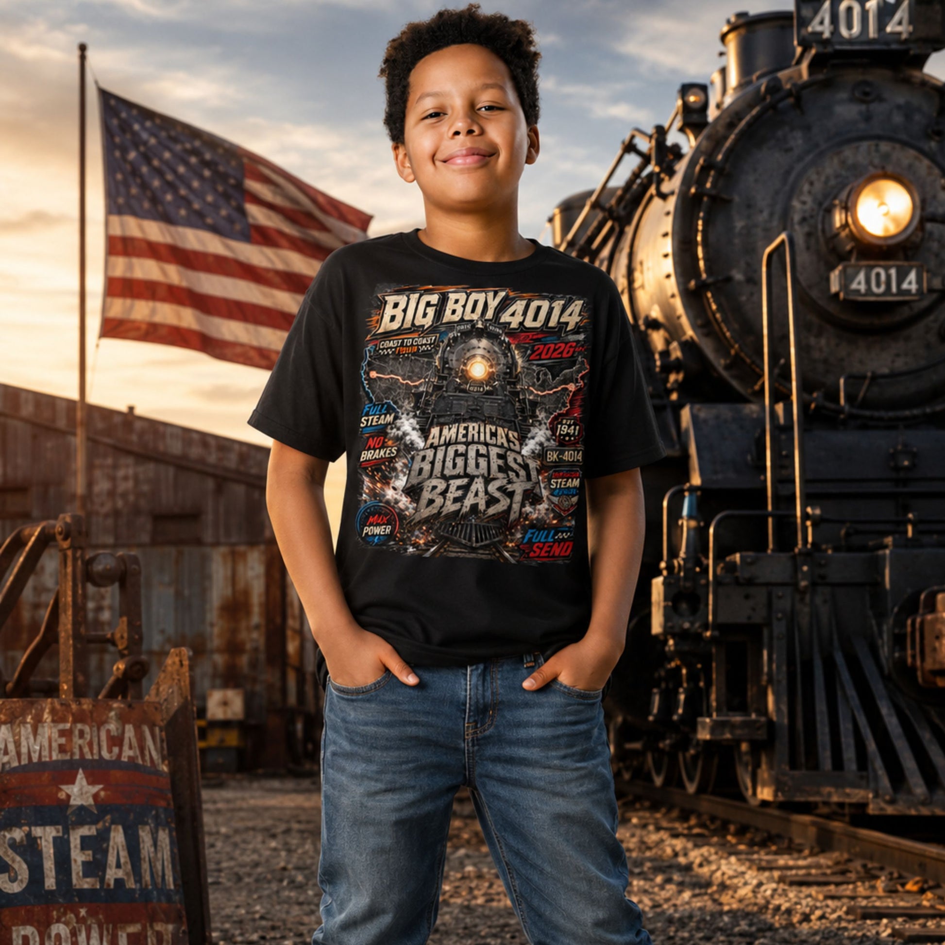 Child wearing a black t-shirt featuring a high-energy, colorful graphic of the Big Boy 4014 steam locomotive backed by a US map, with bold text reading "BIG BOY 4014", "COAST TO COAST TOUR 2026", "AMERICA'S BIGGEST BEAST", "FULL STEAM", "NO BRAKES", "MAX POWER", and "FULL SEND".