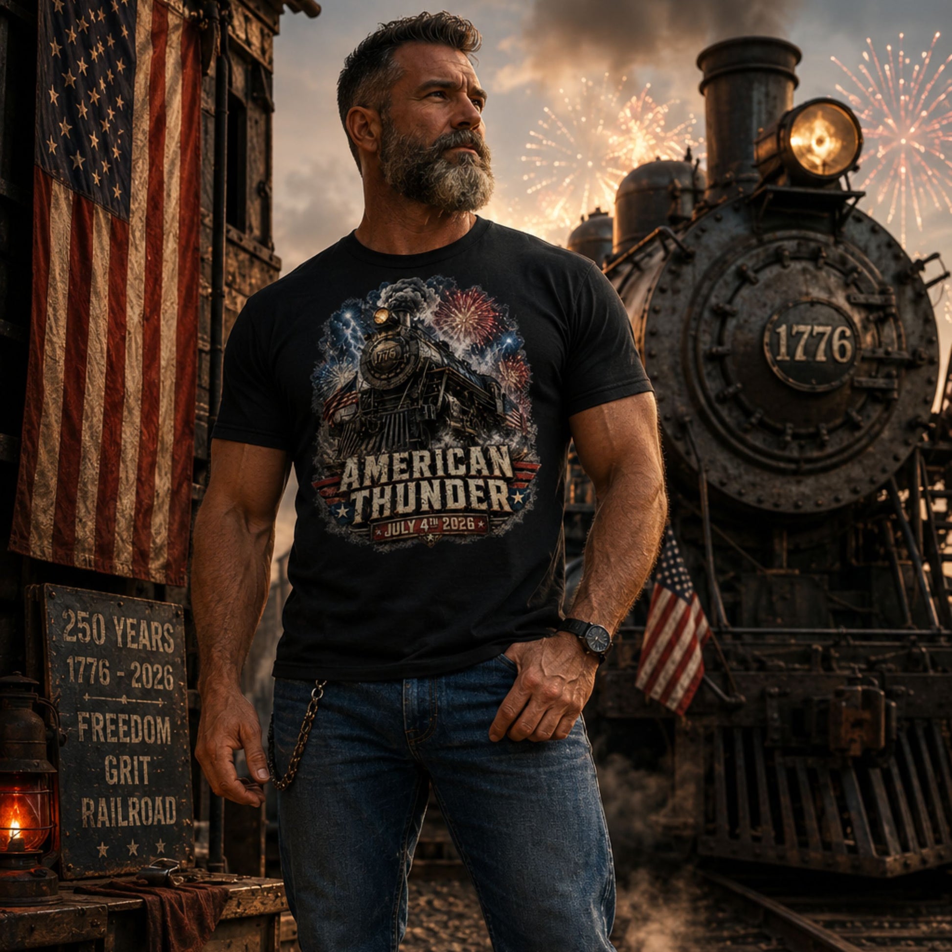 Man wearing a Black t-shirt featuring a 1776 steam locomotive charging through smoke and patriotic fireworks, with an American flag and distressed text reading "AMERICAN THUNDER" over a red, white, and blue banner, followed by "JULY 4TH 2026".