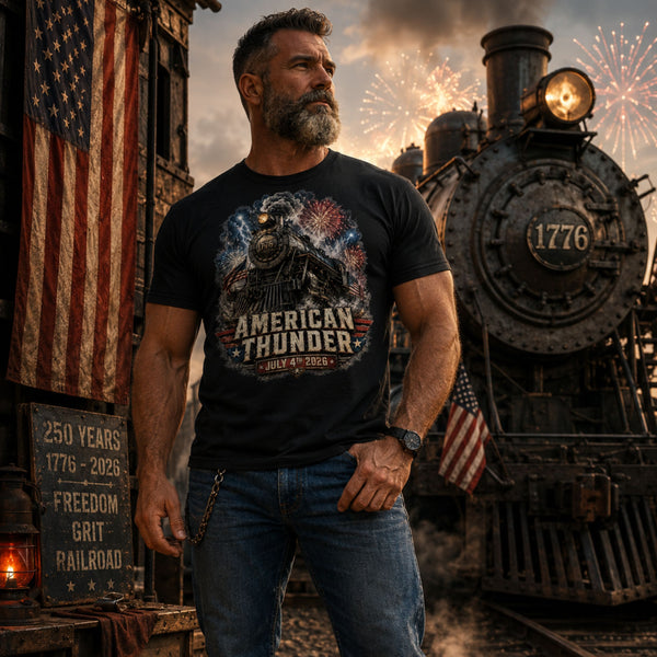 Man wearing a Black t-shirt featuring a 1776 steam locomotive charging through smoke and patriotic fireworks, with an American flag and distressed text reading "AMERICAN THUNDER" over a red, white, and blue banner, followed by "JULY 4TH 2026".
