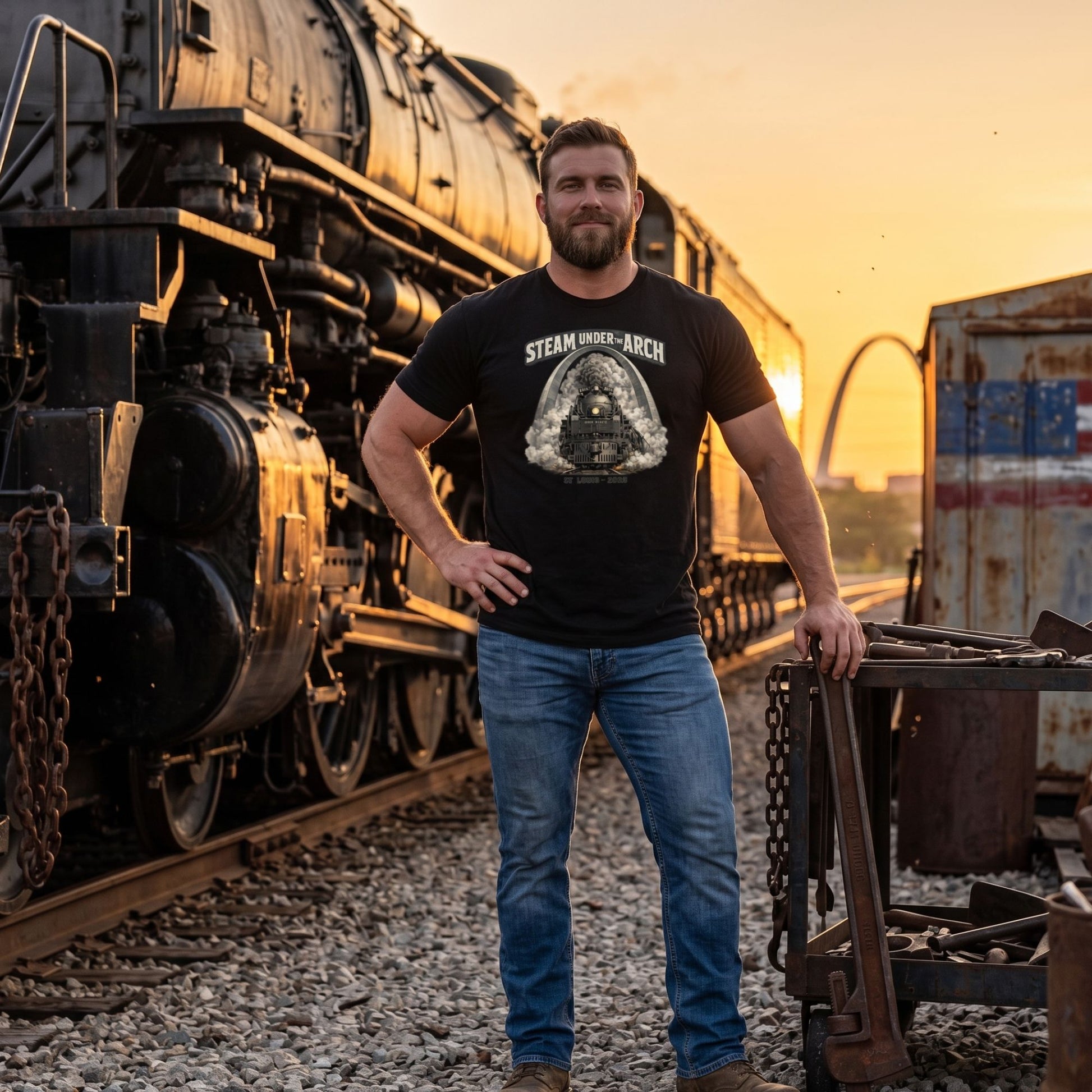 Black t-shirt featuring the Big Boy 4014 steam locomotive under the St. Louis Gateway Arch, with text reading "Steam Under The Arch" and "St. Louis - 2026".