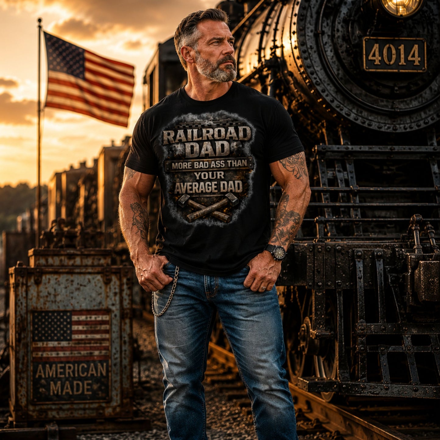 Man wearing a Black t-shirt featuring gritty, industrial metal text surrounded by sparks and smoke that reads "RAILROAD DAD MORE BAD ASS THAN YOUR AVERAGE DAD" with crossed sledgehammers at the bottom.