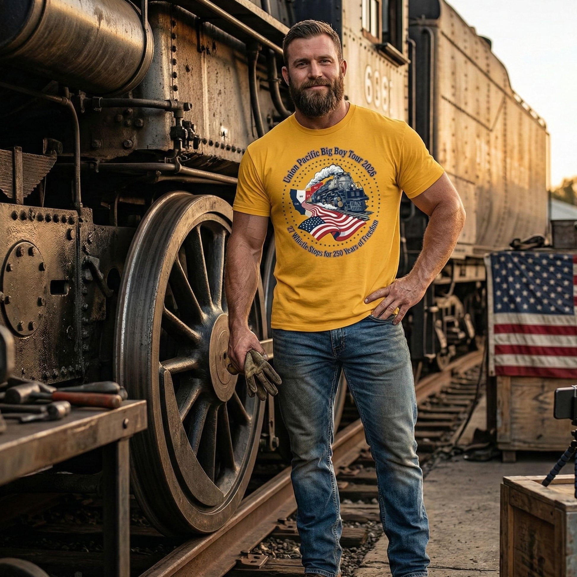 Man wearing a yellow t-shirt with a train design standing next to a vintage steam locomotive.