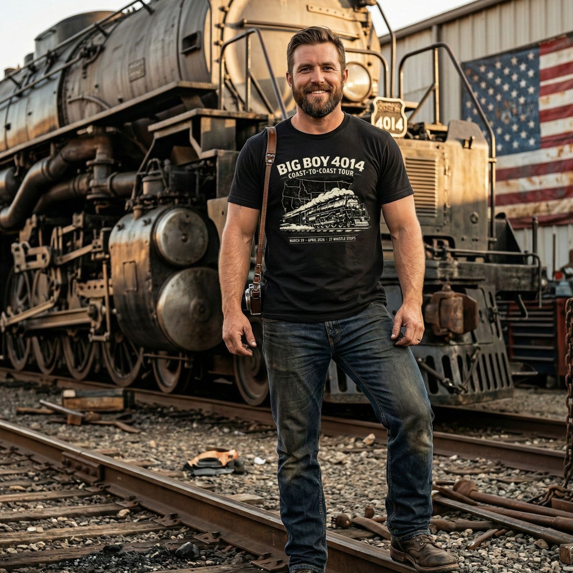 Man standing in front of a large steam locomotive with an American flag in the background