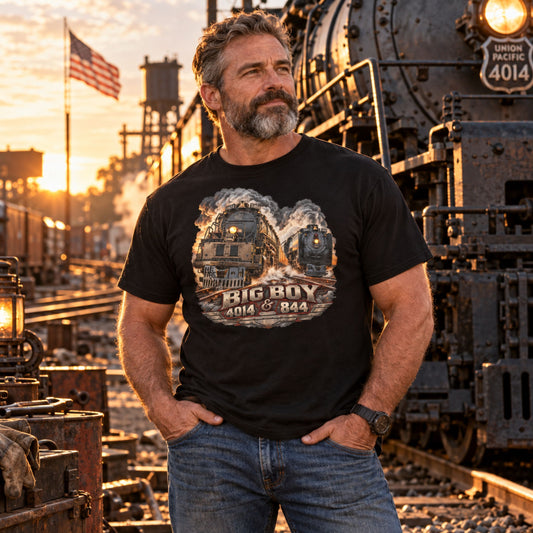 Man wearing a Black classic t-shirt featuring a highly detailed graphic of the Big Boy 4014 and 844 steam locomotives charging down the tracks side-by-side surrounded by smoke and steam. Bold, metallic-style text at the bottom reads "BIG BOY 4014 & 844" on a distressed vintage badge.   