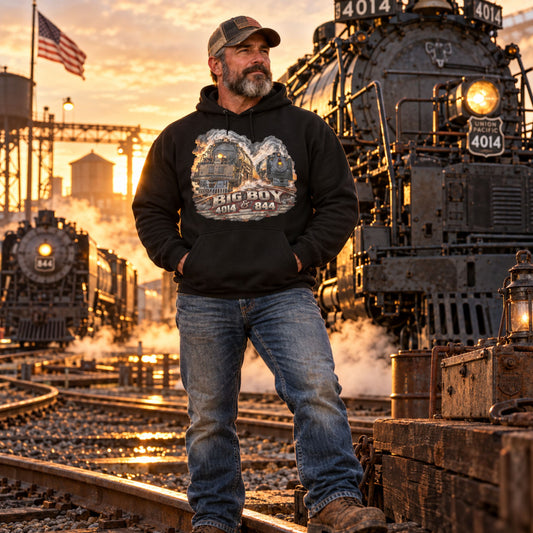A man wearing a Black heavy blend pullover hoodie featuring a highly detailed graphic of the Big Boy 4014 and 844 steam locomotives charging down the tracks side-by-side surrounded by smoke and steam. Bold, metallic-style text at the bottom reads "BIG BOY 4014 & 844" on a distressed vintage badge.    blue jeans stands on train tracks in front of steam locomotives at sunset.