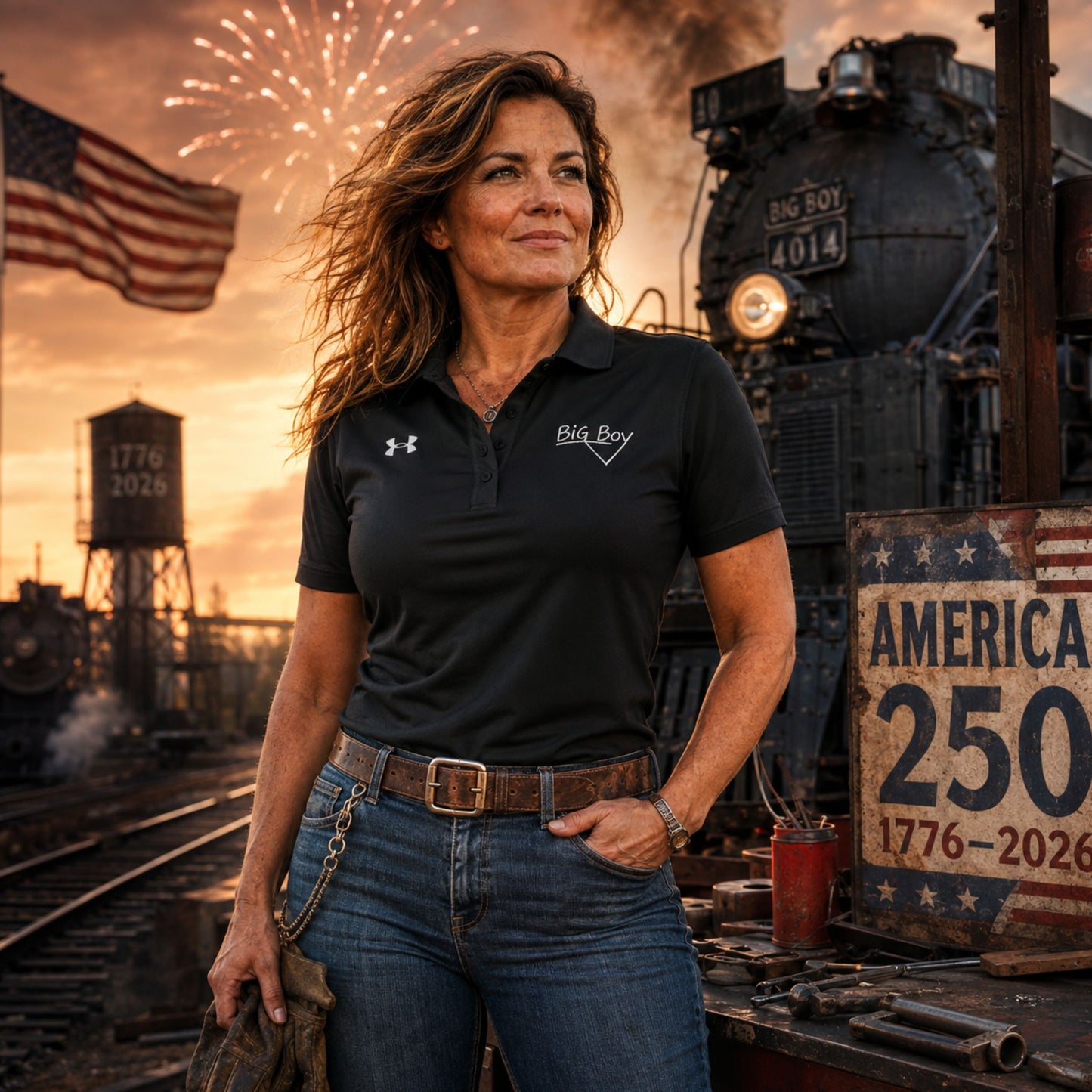 A woman stands in a steamshipyard setting wearing a black Under Armour polo shirt with a white 'Big Boy' logo, paired with blue jeans. A vintage black steam locomotive, an American flag, fireworks, and a sunset are visible in the background.