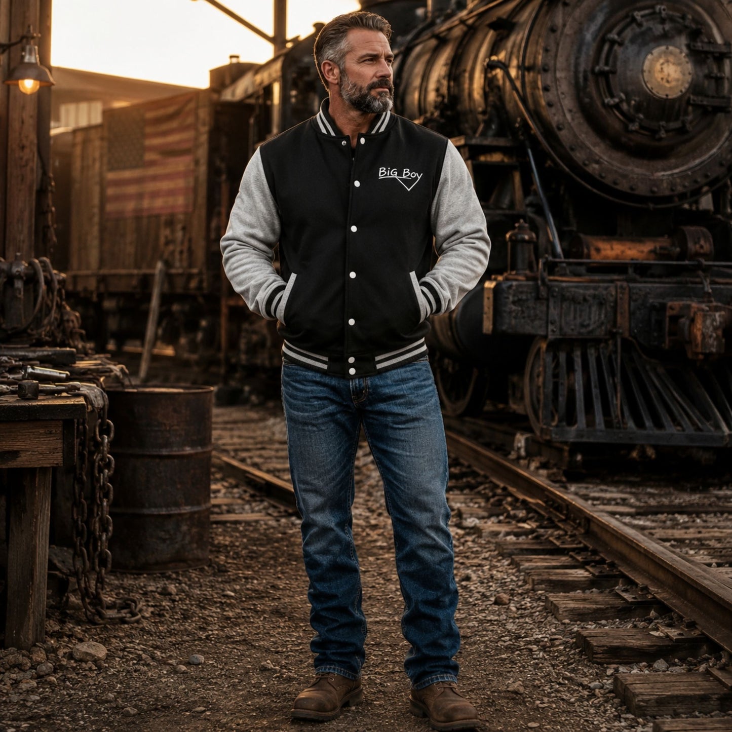 A man wearing a black and gray varsity jacket with 'Big Boy' embroidered on the chest, standing on railroad tracks in front of a vintage steam locomotive.