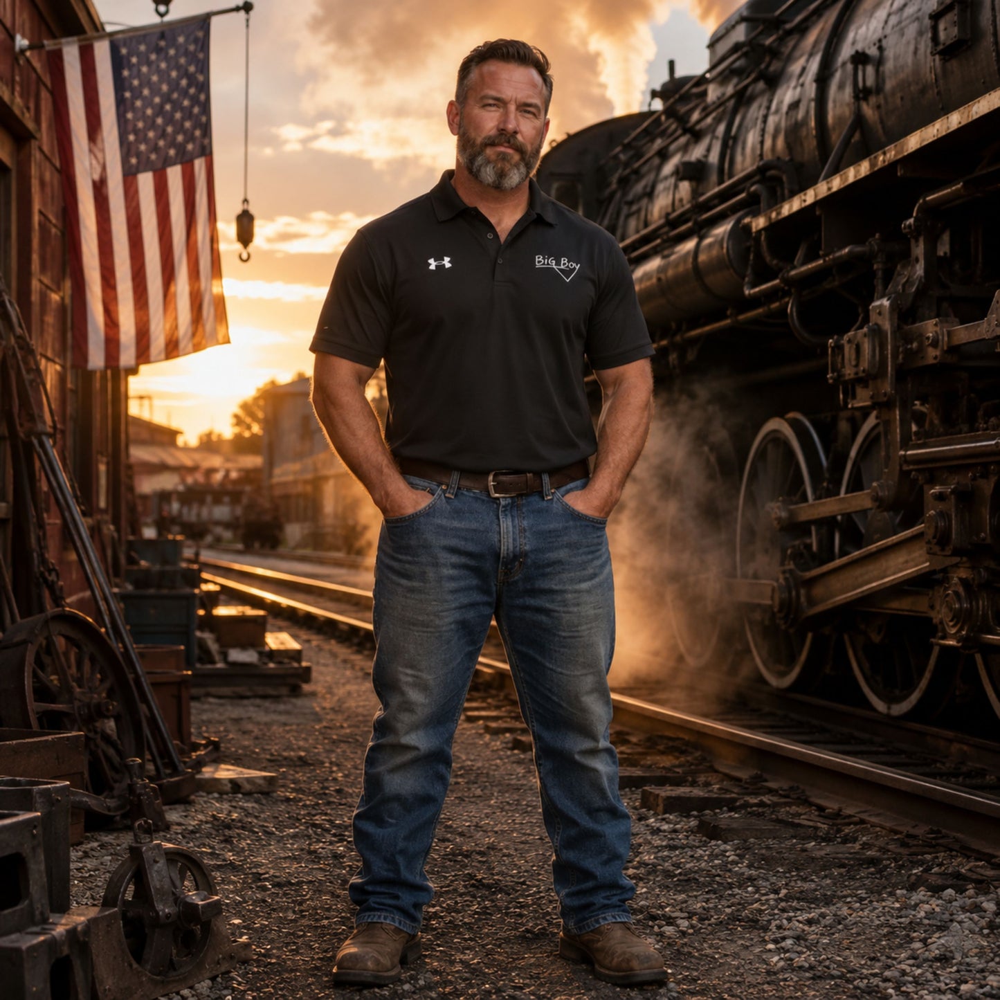 A man stands on train tracks wearing a Black Under Armour men's polo shirt featuring the classic white chalk-style "Big Boy" script logo on the left chest. A white Under Armour logo is displayed on the right chest. The shirt has a classic collar and a three-button placket. and blue jeans, with a steam locomotive and an American flag in the background at sunset.
