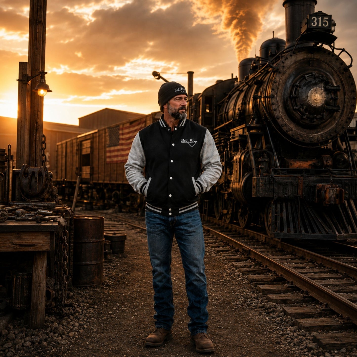 A man wearing a black and gray varsity jacket, blue jeans, and a black beanie stands on railroad tracks in front of a vintage steam locomotive at sunset. The jacket features a black body with gray sleeves and white stripes.