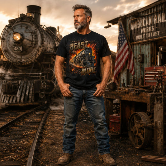 A muscular man with a beard stands in a vintage train shed wearing a black graphic t-shirt with a fiery train illustration and the words 'BEAST MODE'. Behind him is a large steam locomotive on the tracks, and to his right is a rustic workshop with an American flag and a sign reading 'AMERICAN RAIL WORKS BUILT TO LAST'.