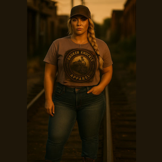 Woman wearing a 'Broken Knuckle Apparel' t-shirt on train tracks