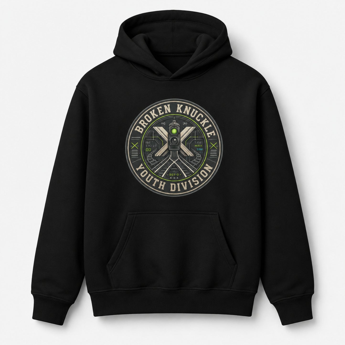 A black pullover hoodie with a circular graphic on the chest reading 'Broken Knuckle Youth Division' around an illustration of crossed tools and a small green eye detail, shown on a light gray background.