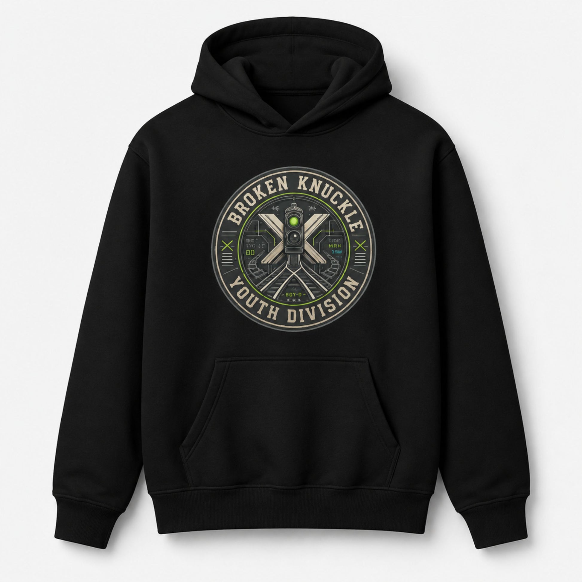 A black pullover hoodie with a circular graphic on the chest reading 'Broken Knuckle Youth Division' around an illustration of crossed tools and a small green eye detail, shown on a light gray background.
