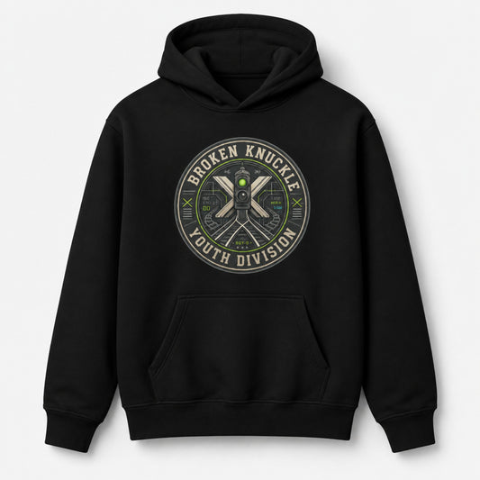 A black pullover hoodie with a circular graphic on the chest reading 'Broken Knuckle Youth Division' around an illustration of crossed tools and a small green eye detail, shown on a light gray background.