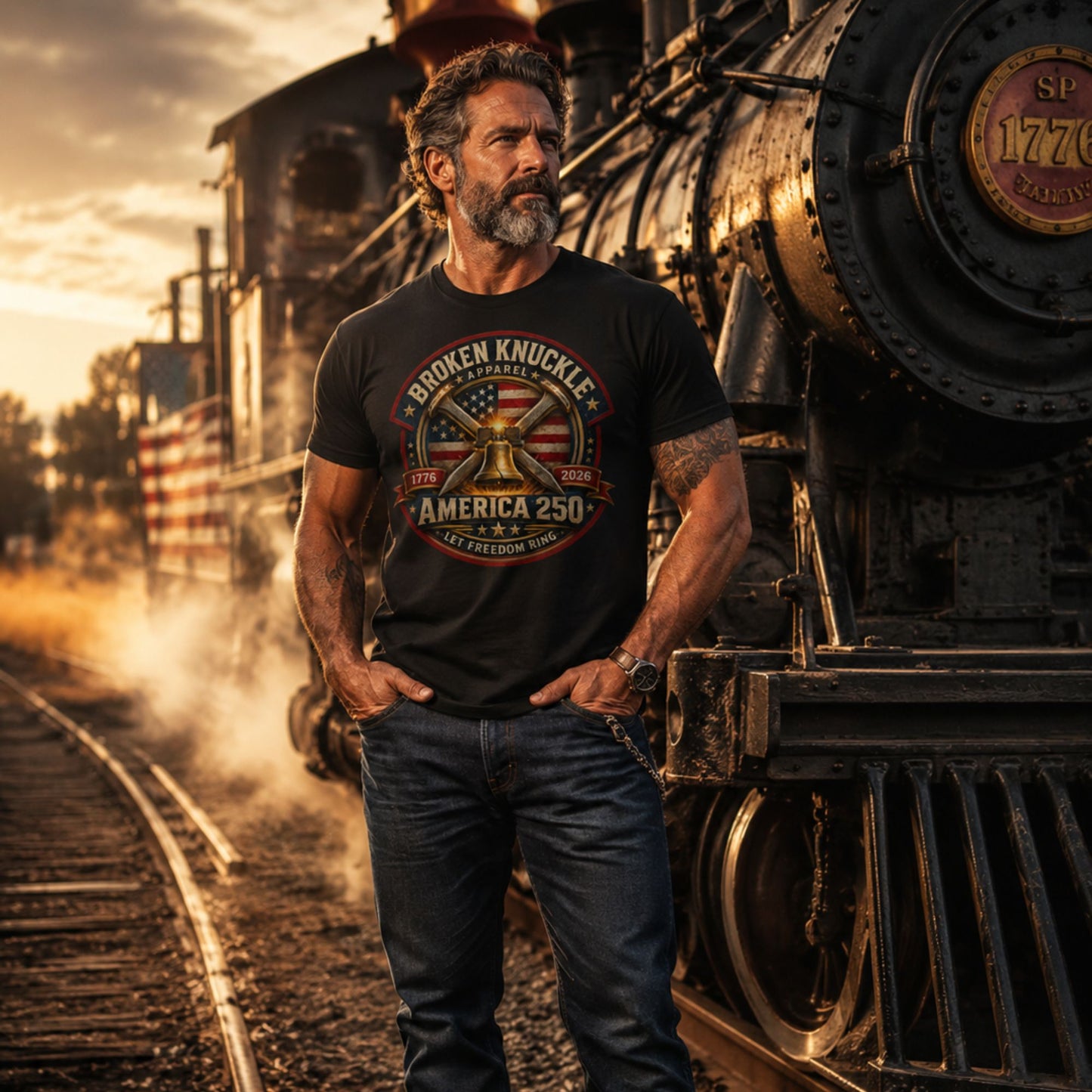 Man wearing a Black t-shirt featuring a circular patriotic graphic. The design includes an American flag background, two crossed railroad spikes, and a glowing Liberty Bell in the center. Text around the badge reads "BROKEN KNUCKLE APPAREL", "1776", "2026", "AMERICA 250", and "LET FREEDOM RING". standing in front of a steam locomotive.
