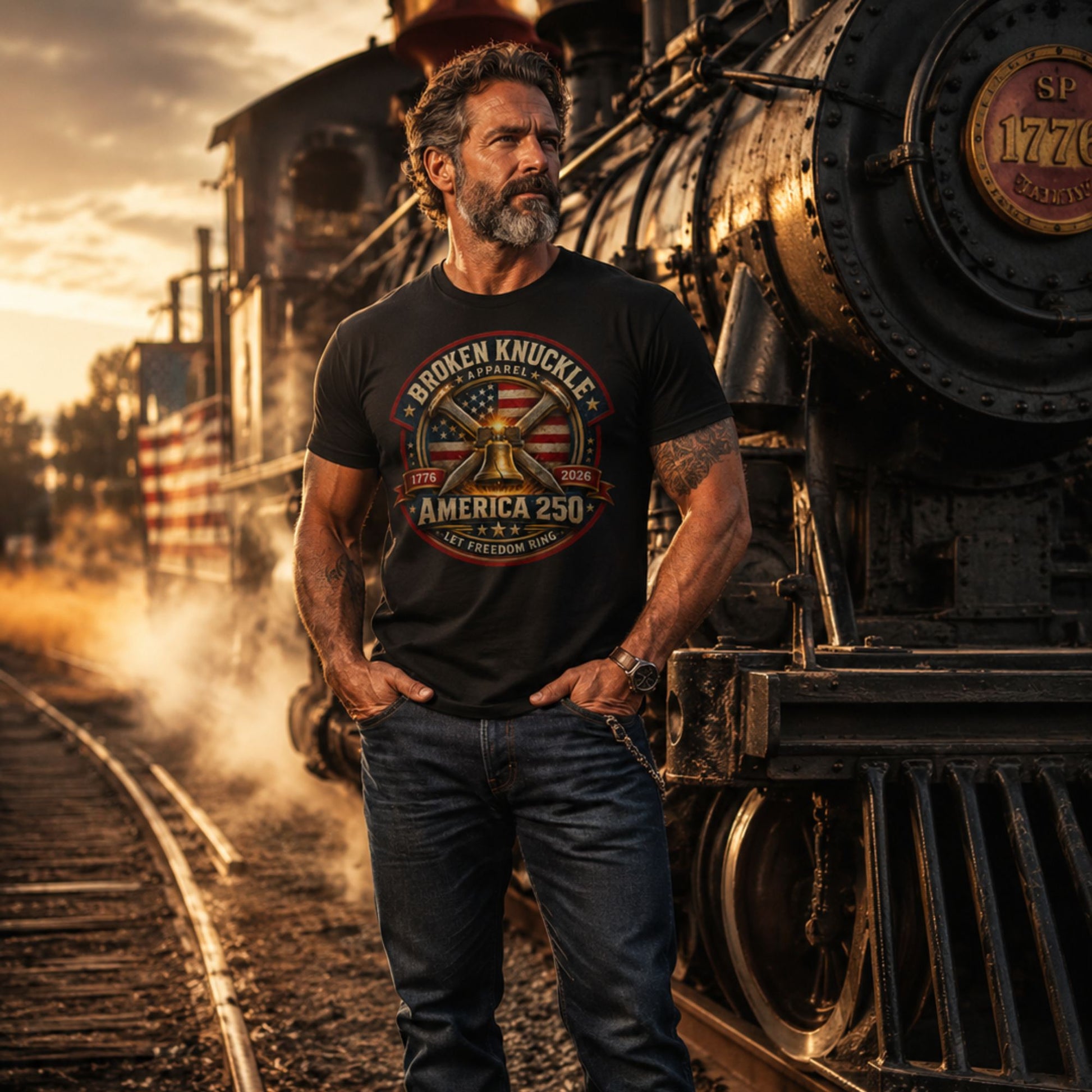 Man wearing a Black t-shirt featuring a circular patriotic graphic. The design includes an American flag background, two crossed railroad spikes, and a glowing Liberty Bell in the center. Text around the badge reads "BROKEN KNUCKLE APPAREL", "1776", "2026", "AMERICA 250", and "LET FREEDOM RING". standing in front of a steam locomotive.