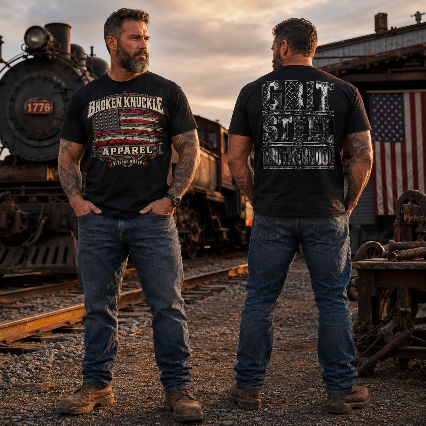 Two men standing on railroad tracks at sunset, each wearing a black graphic T-shirt. The man on the left shows the front of the shirt with the text 'BROKEN KNUCKLE APPAREL' and an American flag graphic.