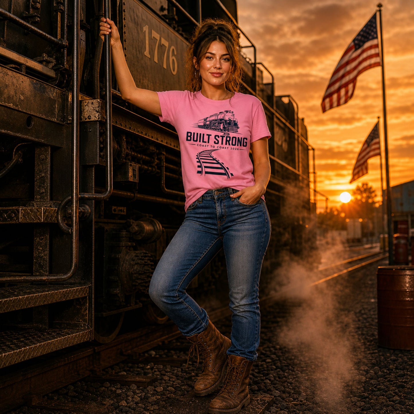 Woman in Pink women's t-shirt featuring a sleek, dark line-art graphic of the Big Boy 4014 steam locomotive on curving tracks, with text reading "Built Strong" and "Coast to Coast 2026".