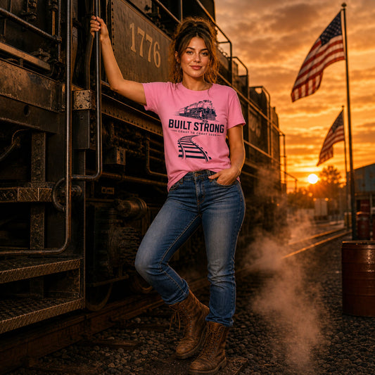Woman in Pink women's t-shirt featuring a sleek, dark line-art graphic of the Big Boy 4014 steam locomotive on curving tracks, with text reading "Built Strong" and "Coast to Coast 2026".