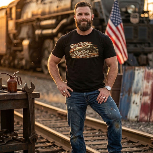 Man wearing a black t-shirt with a Union Pacific logo standing on train tracks with an American flag in the background.