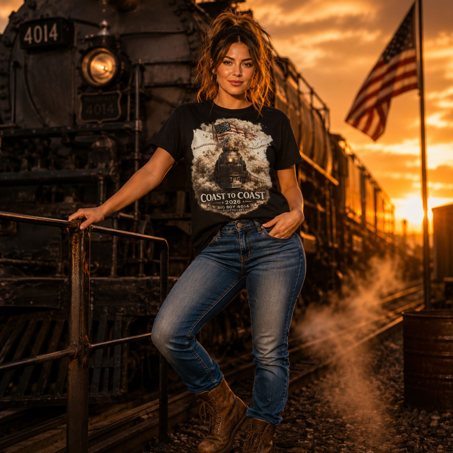 Women's black organic t-shirt featuring the Big Boy 4014 steam locomotive, a waving American flag, and a US map showing a track route, with text reading "Coast to Coast 2026", "Big Boy 4014", and "Built To Last".