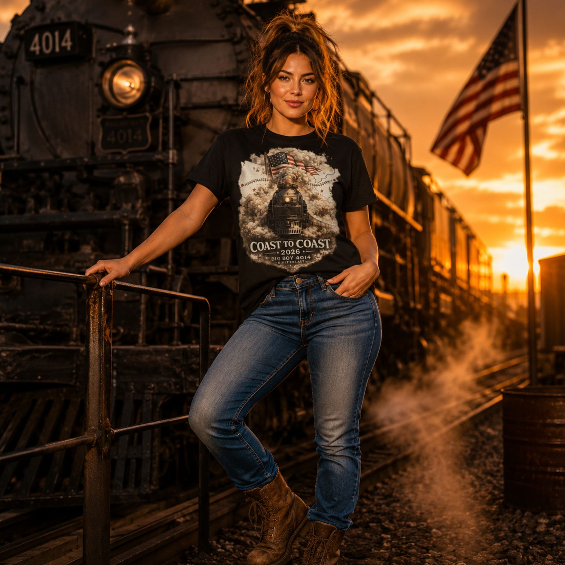 Women's black organic t-shirt featuring the Big Boy 4014 steam locomotive, a waving American flag, and a US map showing a track route, with text reading "Coast to Coast 2026", "Big Boy 4014", and "Built To Last".