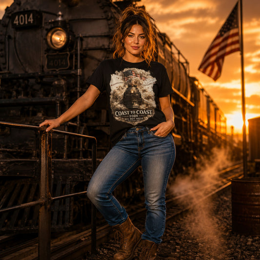 Women's black organic t-shirt featuring the Big Boy 4014 steam locomotive, a waving American flag, and a US map showing a track route, with text reading "Coast to Coast 2026", "Big Boy 4014", and "Built To Last".