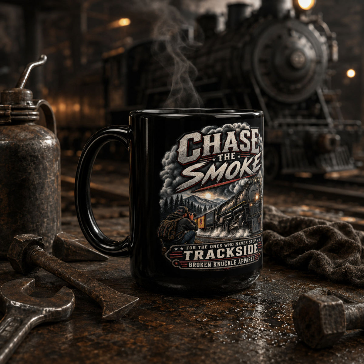 A black ceramic mug with a vintage-style steam train graphic and the text 'Chase the Smoke' and 'For the Ones Who Want Trackside Broken Knuckle Apparel,' placed on a rustic workshop table with tools and a blurred train in the background.