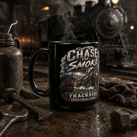 A black ceramic mug with a vintage-style steam train graphic and the text 'Chase the Smoke' and 'For the Ones Who Want Trackside Broken Knuckle Apparel,' placed on a rustic workshop table with tools and a blurred train in the background.