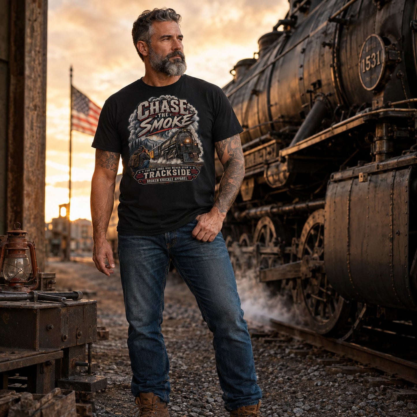 A man with a beard and tattoos stands in front of a vintage steam locomotive at sunset, wearing a black graphic T-shirt that reads 'Chase Smoke Trackside' and blue jeans.