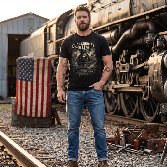 Man wearing a 'Coal Country Run' t-shirt standing in front of an old steam locomotive with an American flag in the background.