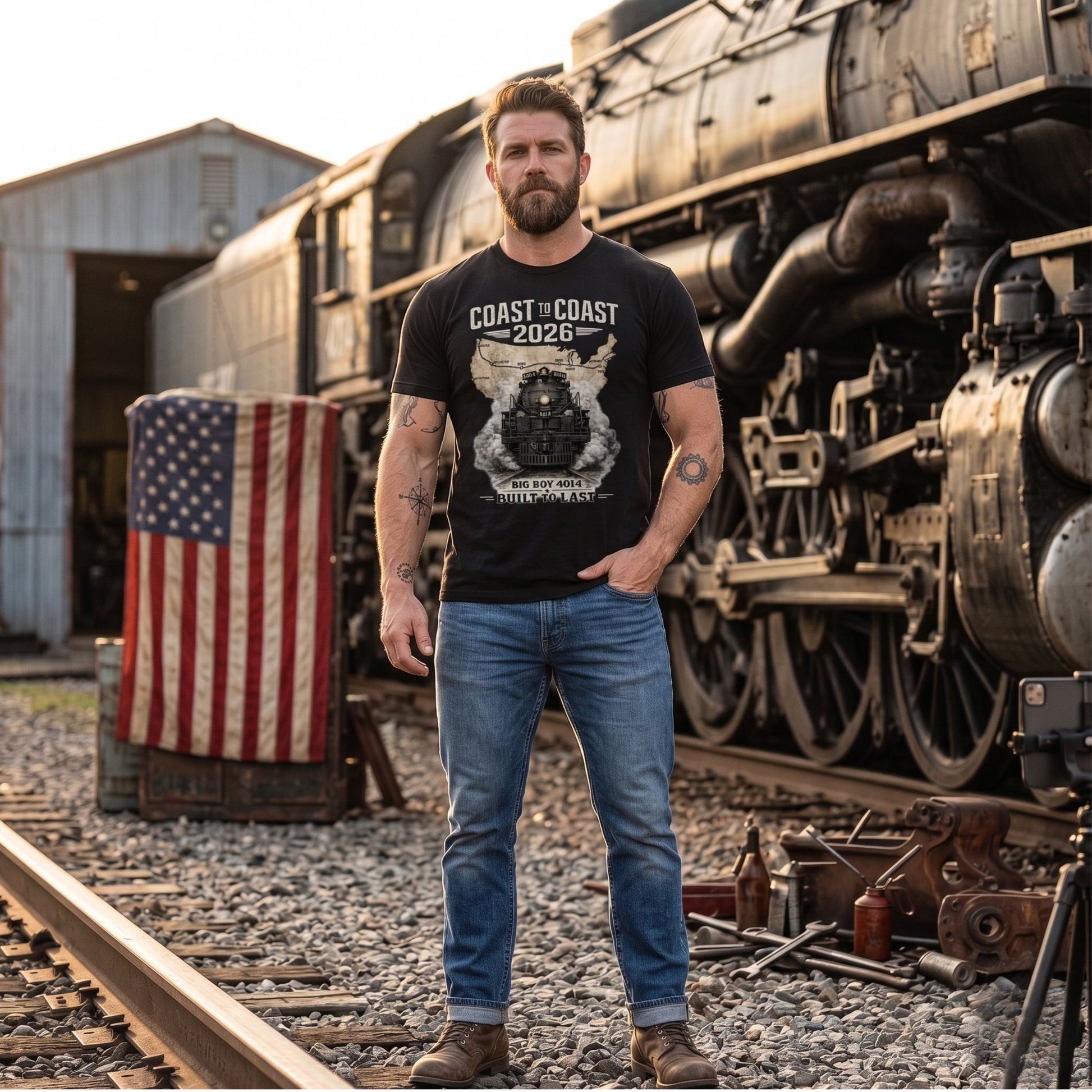Black t-shirt featuring a head-on graphic of the Big Boy 4014 steam locomotive emerging from a vintage US map showing a cross-country route, with text reading "Coast to Coast 2026" and "Built To Last".