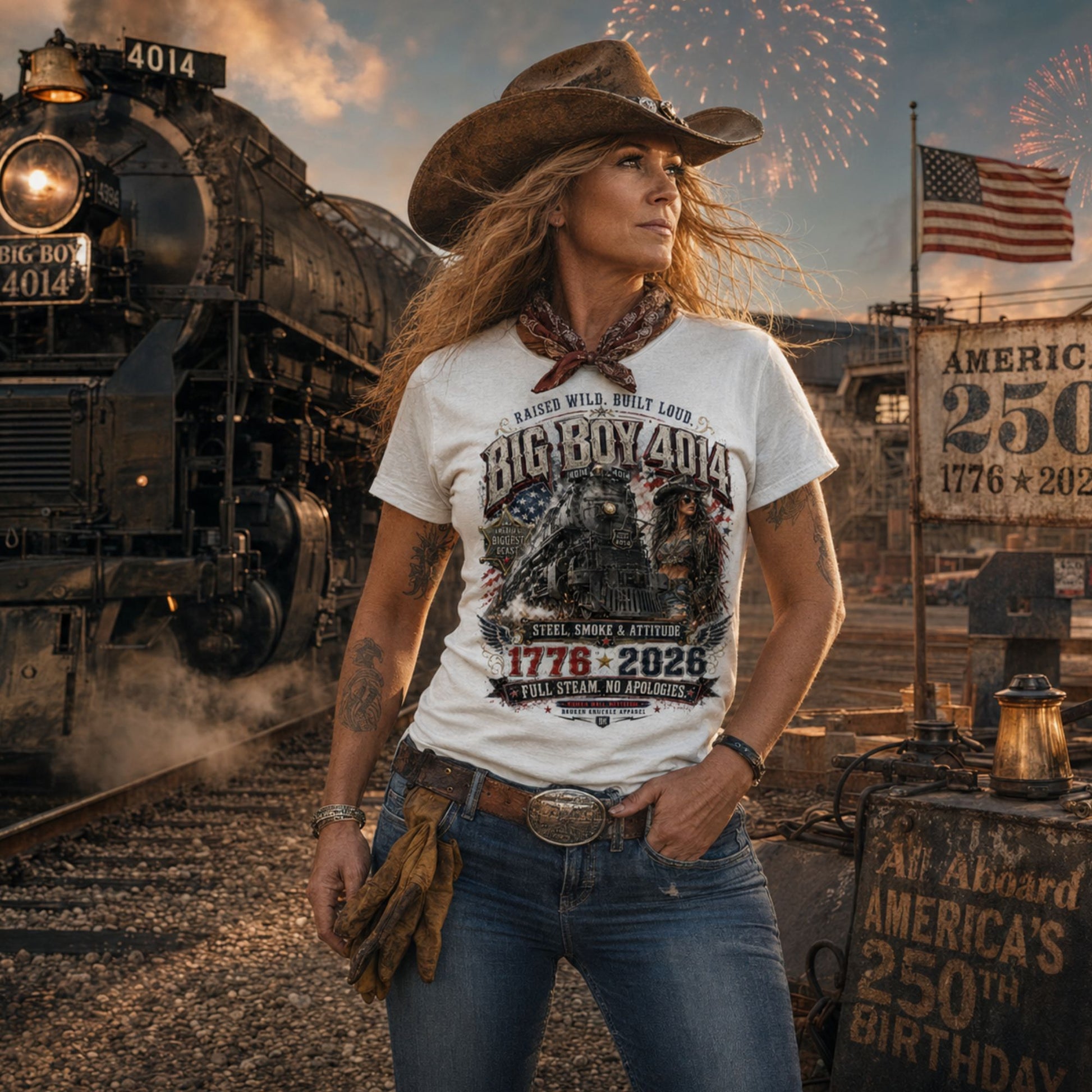 A woman waring a White women's ribbed neck t-shirt featuring a gritty graphic of the Big Boy 4014 steam locomotive next to a woman in a cowboy hat and leather jacket. The background includes a distressed American flag and eagle wings. Text reads "RAISED WILD. BUILT LOUD.", "BIG BOY 4014", "AMERICA'S BIGGEST BEAST", "STEEL, SMOKE & ATTITUDE", "1776 - 2026", "FULL STEAM. NO APOLOGIES.", and "RODEO RAIL DIVISION".