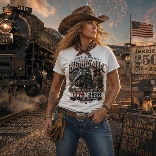 A woman waring a White women's ribbed neck t-shirt featuring a gritty graphic of the Big Boy 4014 steam locomotive next to a woman in a cowboy hat and leather jacket. The background includes a distressed American flag and eagle wings. Text reads "RAISED WILD. BUILT LOUD.", "BIG BOY 4014", "AMERICA'S BIGGEST BEAST", "STEEL, SMOKE & ATTITUDE", "1776 - 2026", "FULL STEAM. NO APOLOGIES.", and "RODEO RAIL DIVISION".